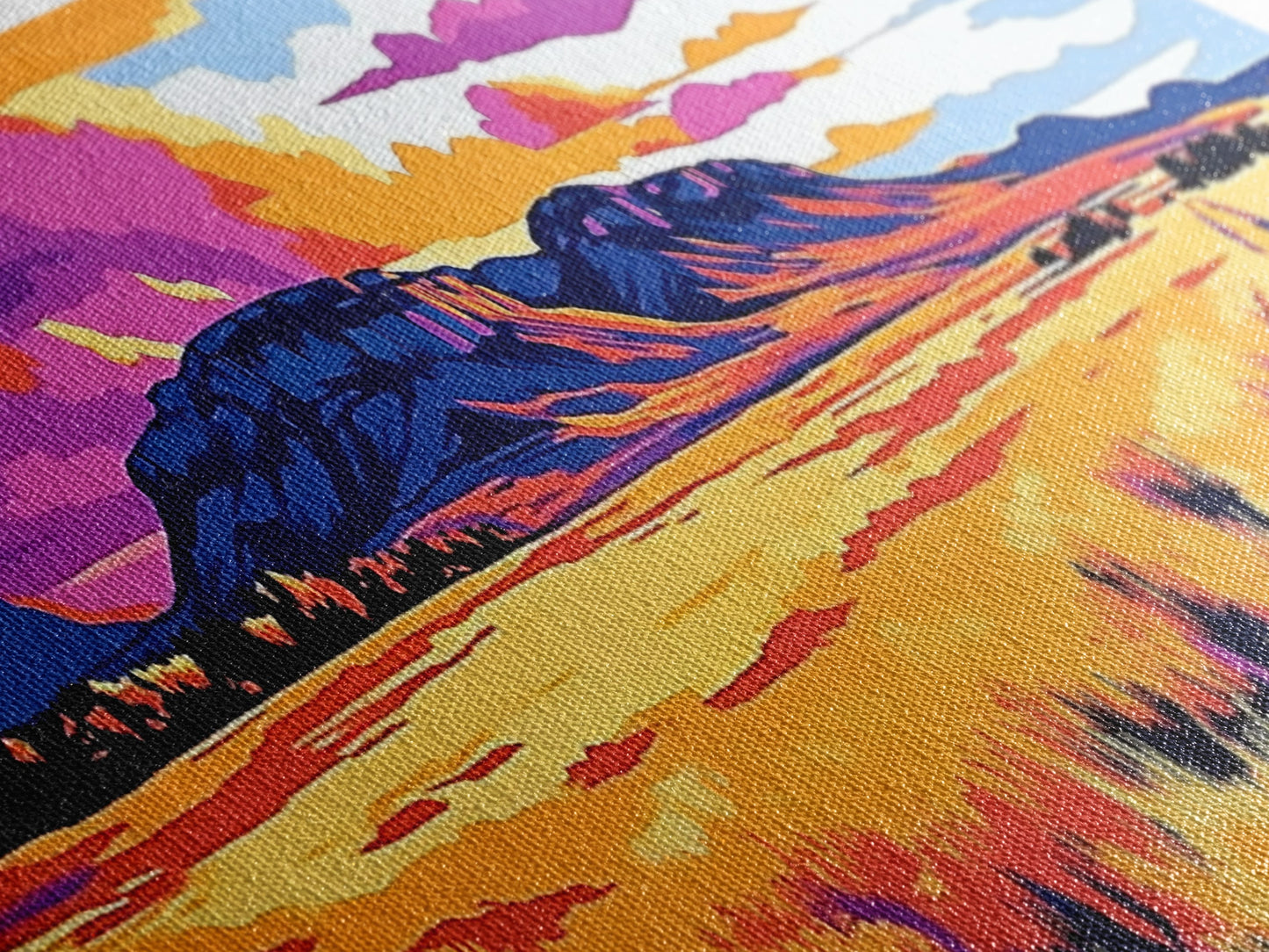 Vibrant mountain, pink orange wall art, Joshua tree art, geometric wall art, panoramic art, framed canvas print, landscape painting