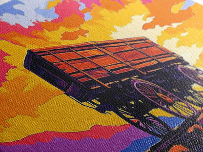 Sunset wagon, pink orange wall art, southwest wall art, geometric wall art, boho art, panoramic painting, framed canvas print, rustic decor