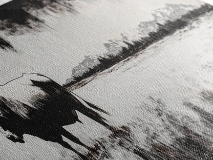 Bull and bear art, black and white painting, rustic wall art, farmhouse decor, extra wide art, framed canvas print, moody art, landscape painting