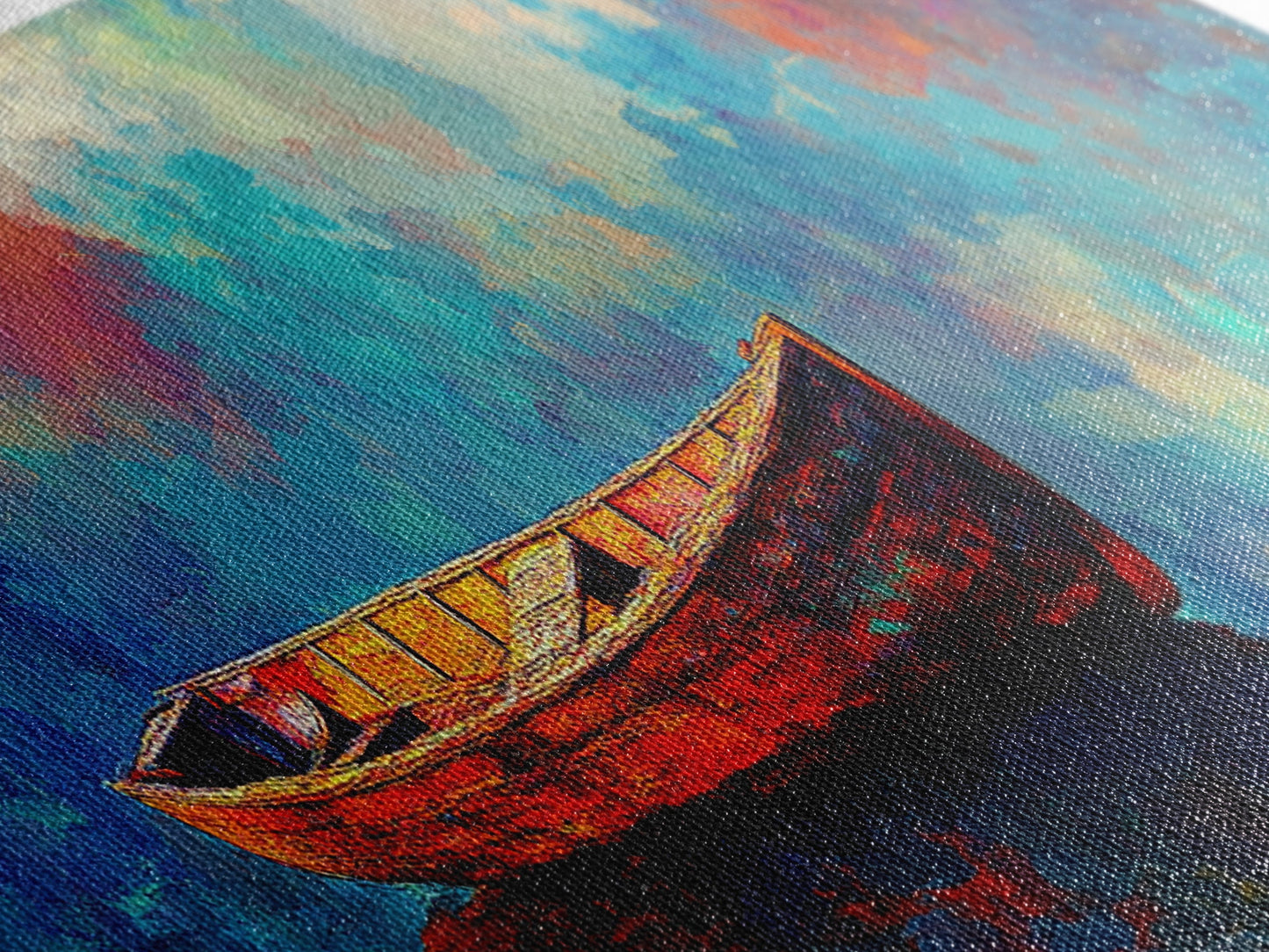 Colorful Boat Painting, coastal landscape art, nautical decor, seascape painting, vibrant wall art, framed canvas print, extra wide art