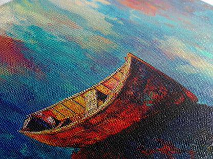 Colorful Boat Painting, coastal landscape art, nautical decor, seascape painting, vibrant wall art, framed canvas print, extra wide art