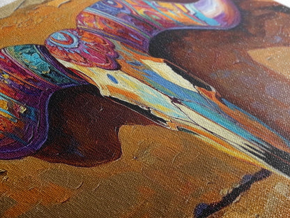 Bemalter Totenkopf, Stier- und Bärenmotiv, rustikale Dekoration, extra breites Kunstwerk, Wandkunst im Südwest-Stil, rosa-orangefarbene Wandkunst, gerahmter Leinwanddruck