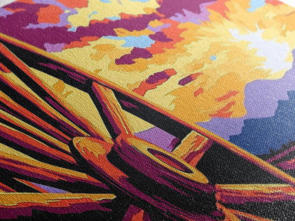 Lebendiger Sonnenuntergang mit Wagen, abstrakte Kunst in Rosa, Mohnblumen-Wandkunst, Boho-Kunst, Panoramagemälde, extra breites Kunstwerk, gerahmter Leinwanddruck, Vintage-Wandkunst