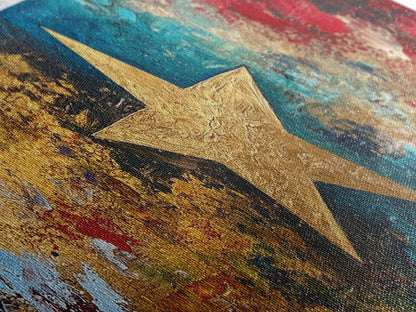 Goldener Stern, abstrakte Kunst, kräftige Farben, strukturierte Wandkunst, gerahmter Leinwanddruck, Mosaik-Wandkunst, extra breite Kunst, Kunst über dem Sofa