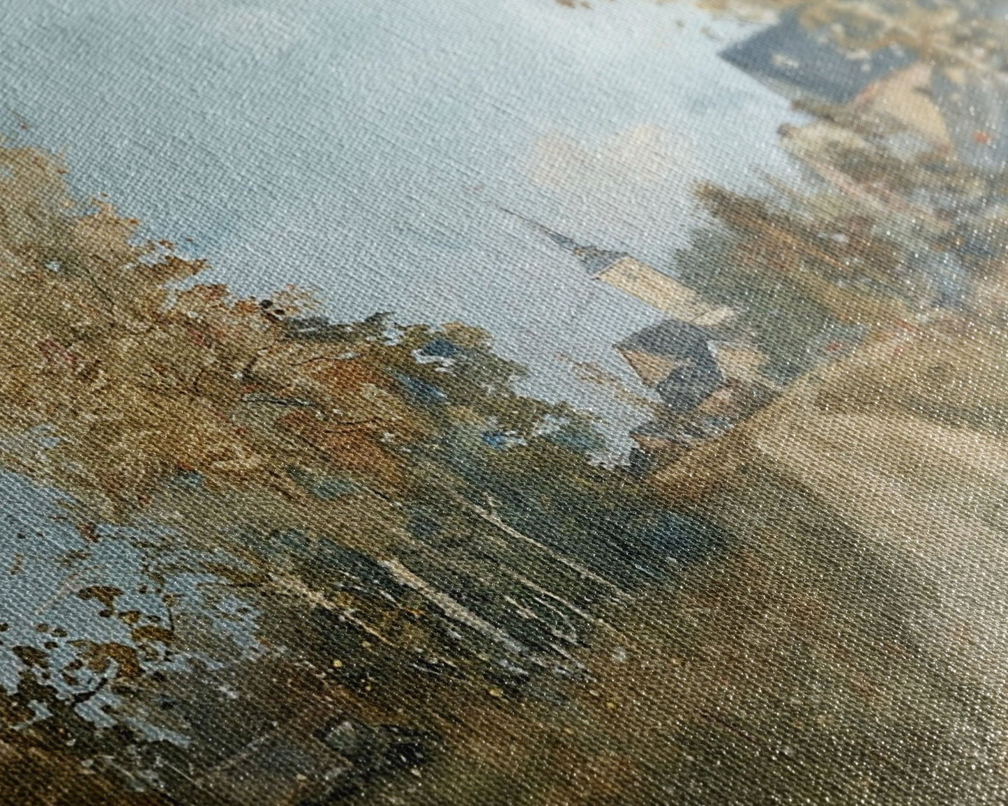 Old Country Road Leading To a Church, Framed Canvas Print, Unique Wall Art, One Of A Kind, folk art, Rustic Farmhouse