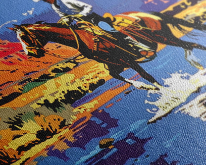 Crossing The Colorado River, Framed Canvas Print, Kitsch Western Wall Art, Colorful Western Painting Original Artwork, Pop Art Painting