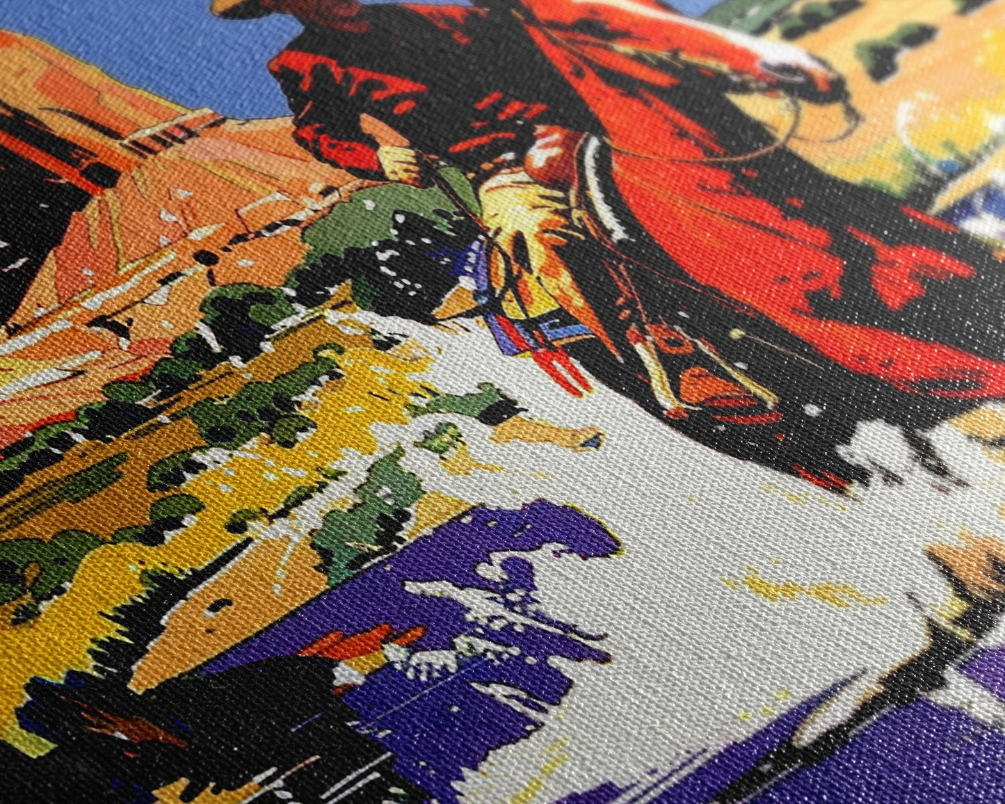 Crossing The Colorado River, Framed Canvas Print, Kitsch Western Wall Art, Colorful Western Painting Original Artwork, Pop Art Painting