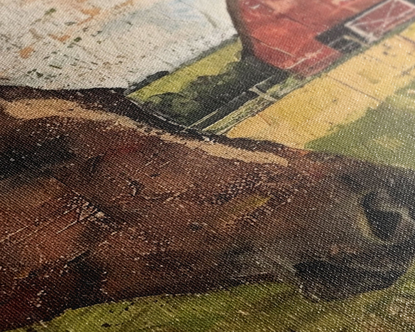 Rustikale Bauernhofkunst mit Pferd und Scheune – Gerahmter Leinwanddruck, Wohnzimmerdekoration im Landhausstil, Wandbild mit Pferden, rustikale Wohndekoration