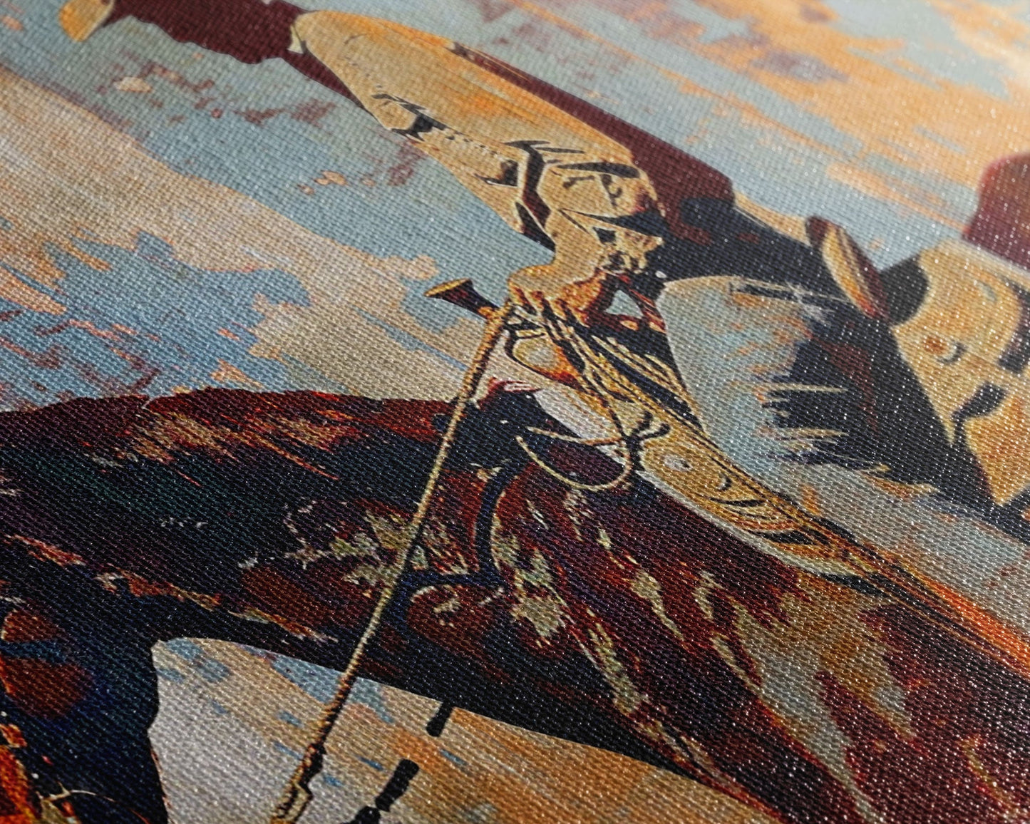 Cowboy on Horseback, Textured Background, Modern Living Room Art, Framed Canvas Print, Rustic Home Decoration, Boho Wall Art