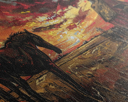 Dark Horse at Sunset with Barn, Stunning Abstract Art, Framed Canvas Print, Boho Wall Art, Bedroom Decor, Unique Home Decoration