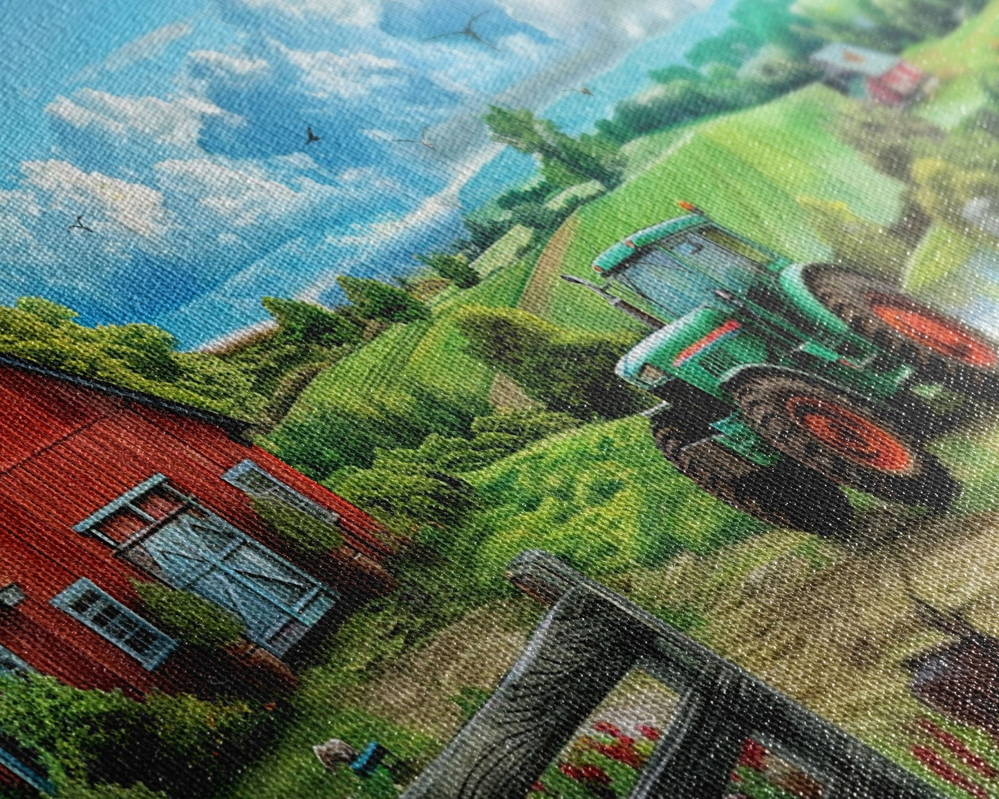 Green Tractor Near Red Barn in Countryside, Charming Farm Art, Framed Canvas Print, Country Living Room Decor, Wall Art