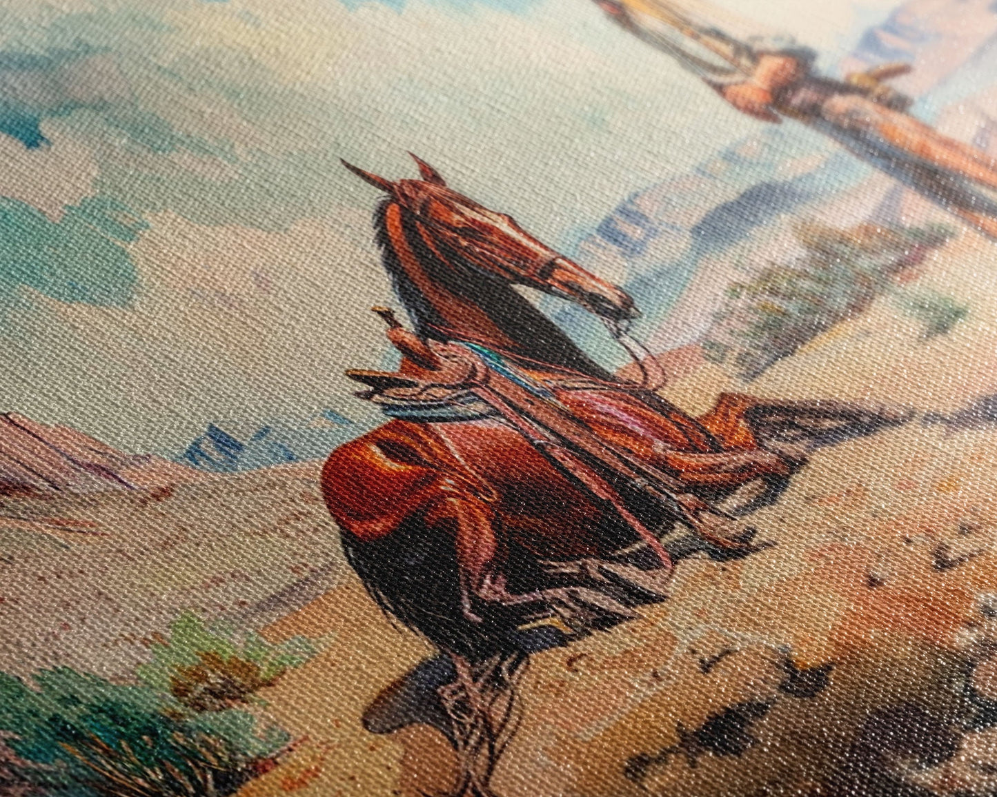 Cowboy and Horse in Desert Landscape, Rustic Farmhouse Art, Framed Canvas Print, Western Decor, Living Room Wall Art, Country Style