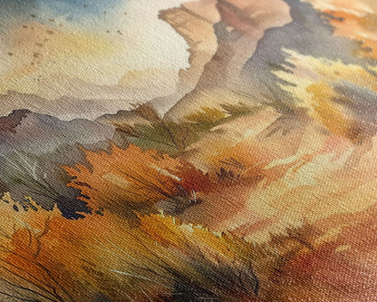 Serene Desert Landscape with Mountains and Sunlit Sky, Perfect Framed Canvas Print for Living Room, Boho Wall Art, Nature Decor