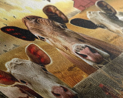 Cute cows peeking through barn fence, Framed Canvas Print, ideal for farmhouse living room, country style wall art decor