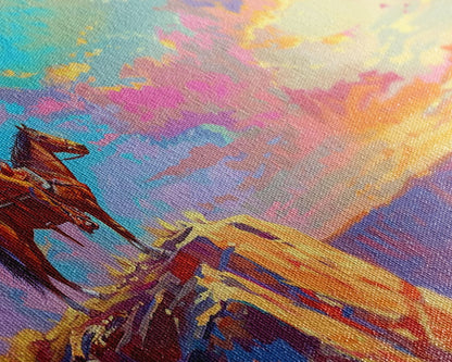 Cowboy Watching Sunset Over Canyon, Farmhouse Style Framed Canvas Print for Living Room Wall Art, Vibrant Home Decor, Western Landscape