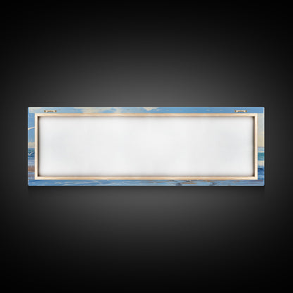 Blue Beach, Ocean Waves & Seagulls Panoramic Framed Canvas Print - Perfect for Living Room, Bedroom, Office Decor