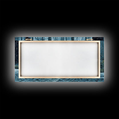 Cabin art, snow covered winter forest, winter vacation home art, framed canvas print, ready to hang framed wall art