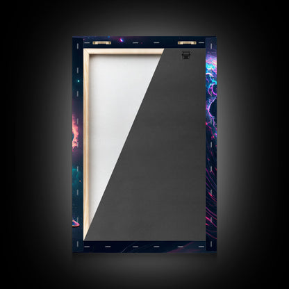 Astronaut surfing the stars, Cosmic Surfer, Galaxy Art, framed canvas print, unique colorful wall art