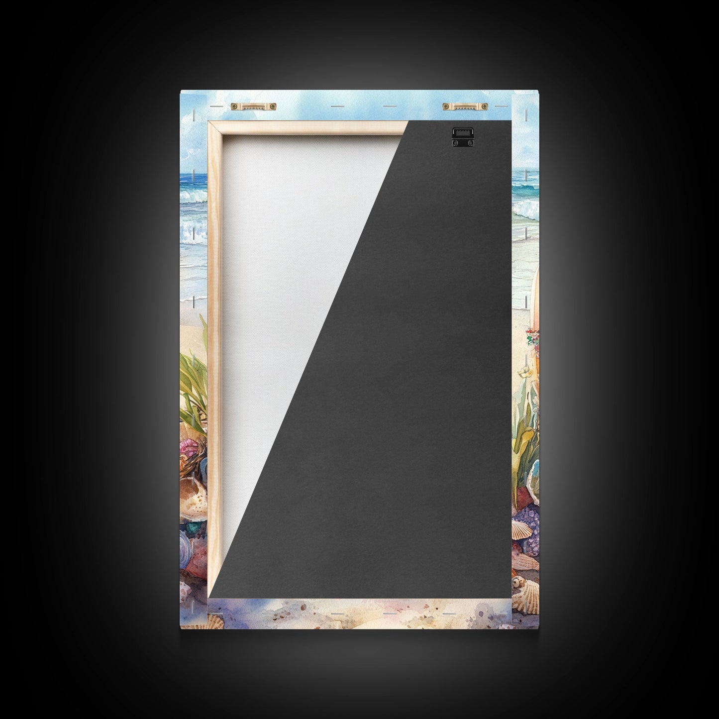 Weihnachts-Surfbretter am verschneiten Strand, gerahmter Leinwanddruck, tropische/maritime Weihnachtskunst oder Geschenkidee, Weihnachtsposter