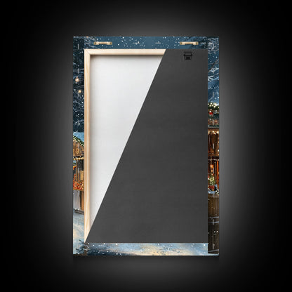 Christmas Carousel at a Snowy Night Market with Festive Lights and Ornaments, Framed Canvas Print for Christmas Wall Decor