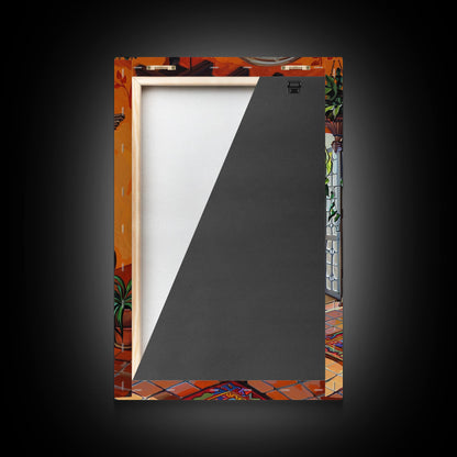 Mediterranean Courtyard Lounge Framed Canvas Print Spanish Style Home Decor Best Gift Bright Seasonal Art Above Sofa Wall Art