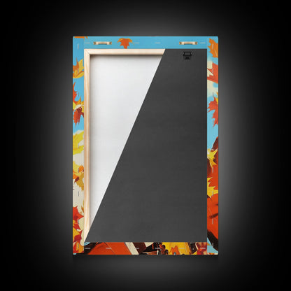 Autumn Cowboy Holiday Decor Framed Canvas Print with Leaves, Colorful Seasonal Wall Art Gift Idea 2024