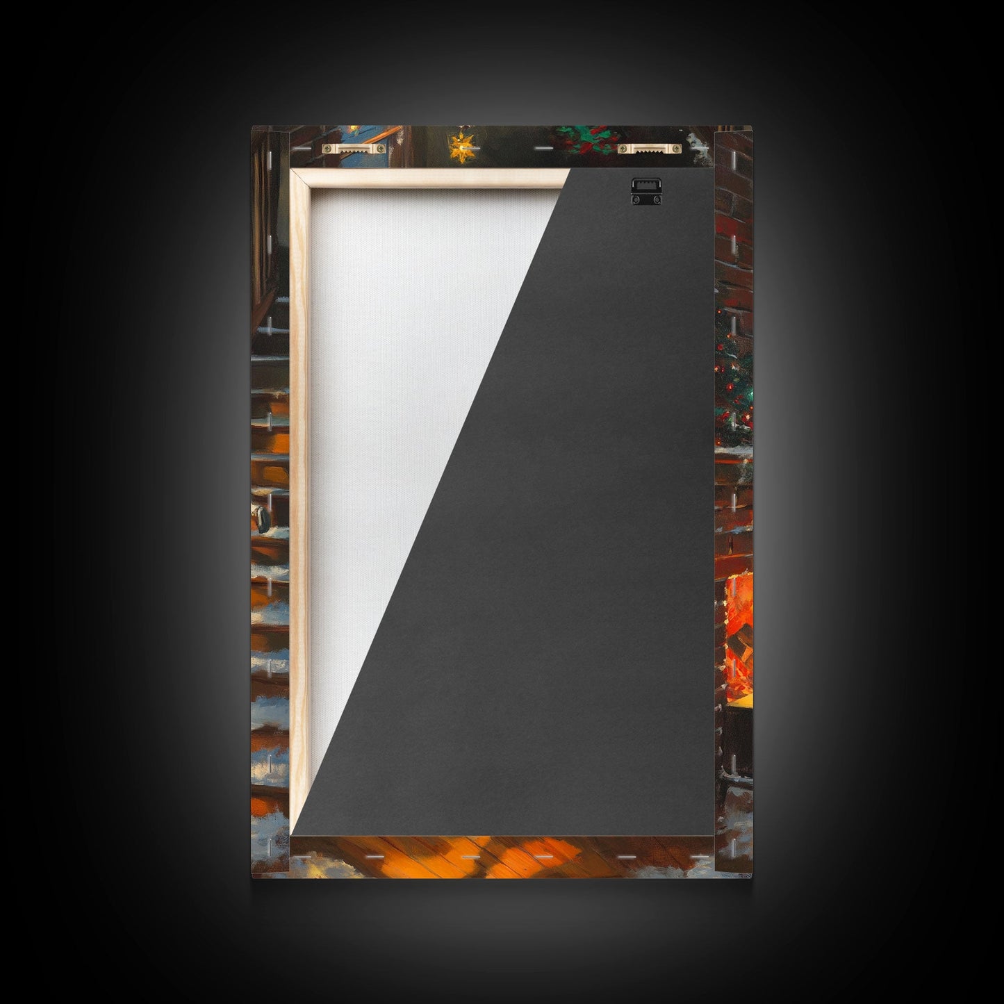 Children Hanging Stockings By The Fireplace Framed Canvas Print Tall Art With Christmas Tree, Nostalgic Christmas Wall Art Holiday Decor