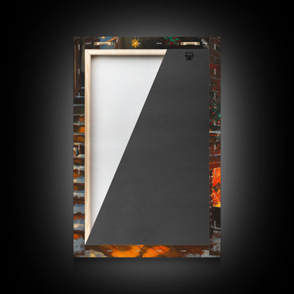 Children Hanging Stockings By The Fireplace Framed Canvas Print Tall Art With Christmas Tree, Nostalgic Christmas Wall Art Holiday Decor