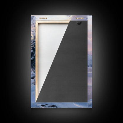 Cabin In Snowy Forest Framed Canvas Print Wall Art Winter Landscape Decor, Cozy Christmas Art Gift, Rustic Winter Wonderland Art