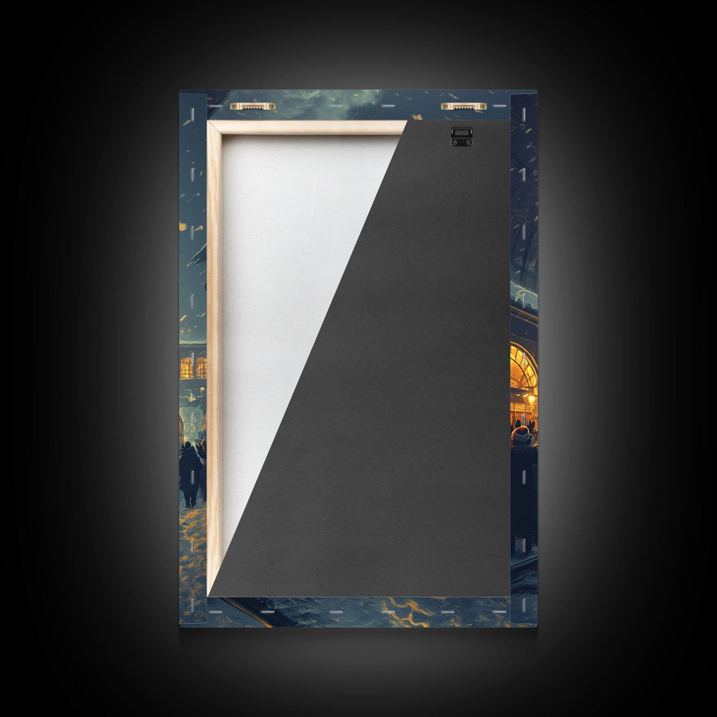 Nostalgic Christmas Train Station Scene in Snowy Winter Night, Ideal for Holiday Decor, Framed Canvas Print