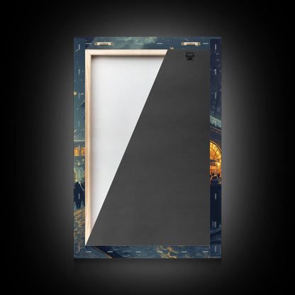 Nostalgic Christmas Train Station Scene in Snowy Winter Night, Ideal for Holiday Decor, Framed Canvas Print