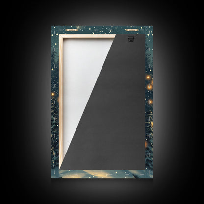 Cozy Cabin in Snowy Winter Forest, Warm Christmas Lights and Peaceful Holiday Scene, Perfect for Winter Wall Art, Framed Canvas Print