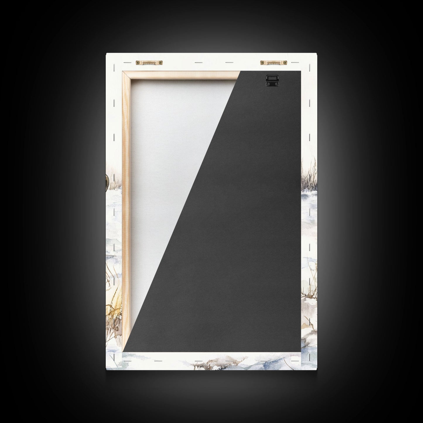 Rustikaler Cowboyhut auf schneebedecktem Pfosten, gerahmter Leinwanddruck, winterliche Western-Dekoration, weihnachtliche Bauernhauskunst, Kunst über dem Sofa in rustikalen Häusern