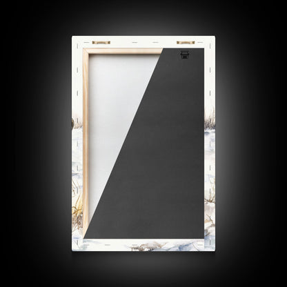 Rustikaler Cowboyhut auf schneebedecktem Pfosten, gerahmter Leinwanddruck, winterliche Western-Dekoration, weihnachtliche Bauernhauskunst, Kunst über dem Sofa in rustikalen Häusern