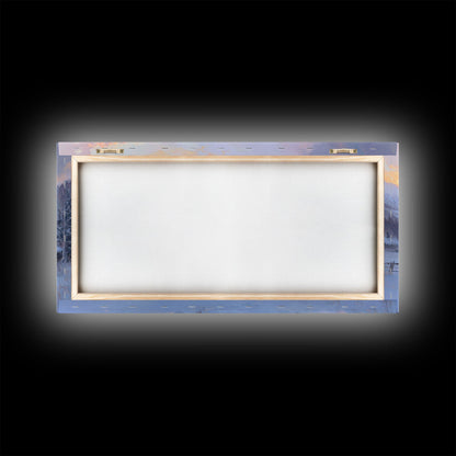 Cozy Snowy Log Cabin Tall Art Framed Canvas Print Winter Home Decor With Warm Fireplace And Horse Rider Under A Beautiful Sunset Scene