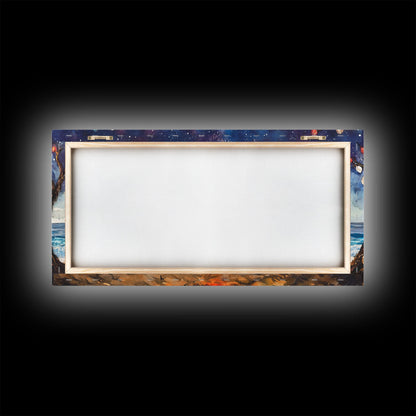 Canvas Print Beach Bonfire with Surfboards Under Stars, Coastal Christmas Art, Tropical Holiday Wall Art, Beach Christmas Decor