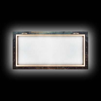 Cowboys am Lagerfeuer im Sonnenuntergang – Gerahmter Leinwanddruck im Westernstil – Perfekte Winterwanddekoration und rustikale Berghüttenkunst