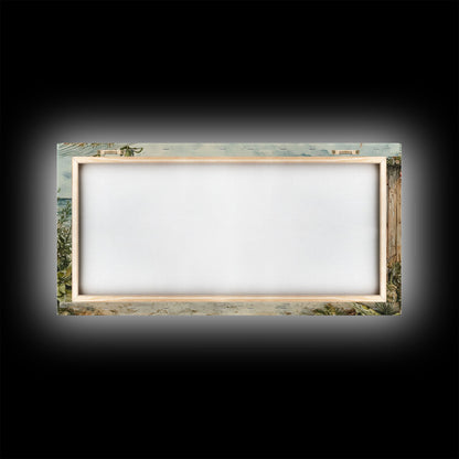 Weihnachtsbaum neben einem rustikalen Strandhaus – Küstenweihnachtsszene – gerahmter Leinwanddruck, weihnachtliche Wanddekoration für den Strand