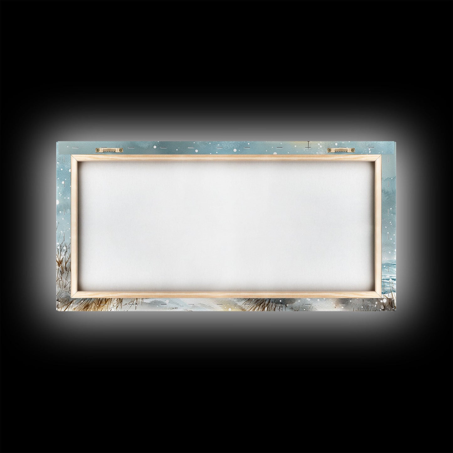 Coastal Christmas Lighthouse Decor Framed Canvas Print, Snowy Beach Scene with Holiday Wreath and Lighthouse Winter Wall Art