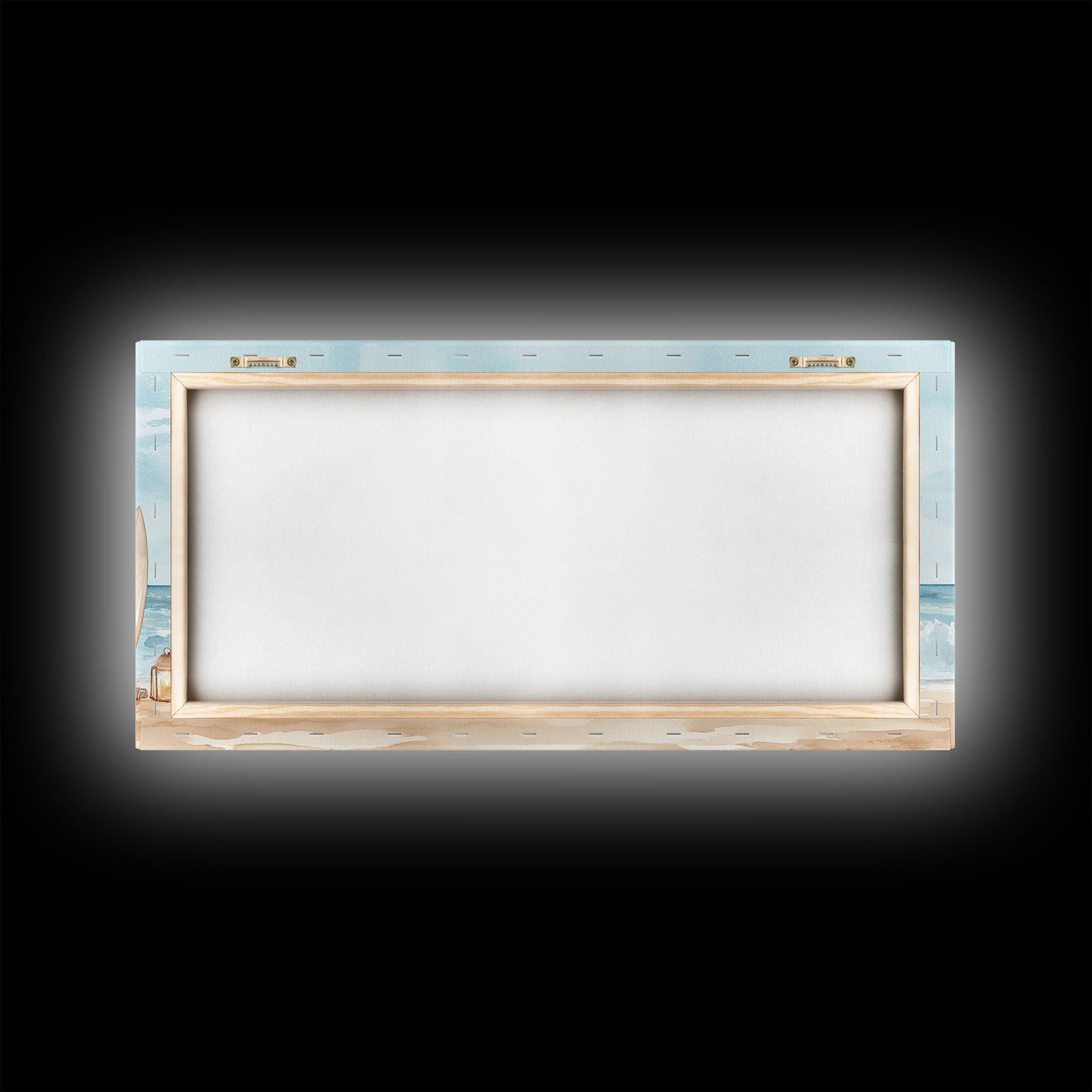 Beach Christmas scene with surfboards and decorated tree, tropical holiday art framed canvas print, perfect coastal seasonal decor