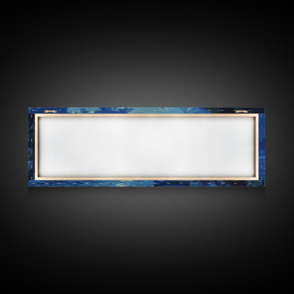 Fishing Village at Midnight Under a Full Moon, Framed Canvas Print, Panoramic Wall Art, Eclectic Boho Home Decor, Wide Oversized Wall Art