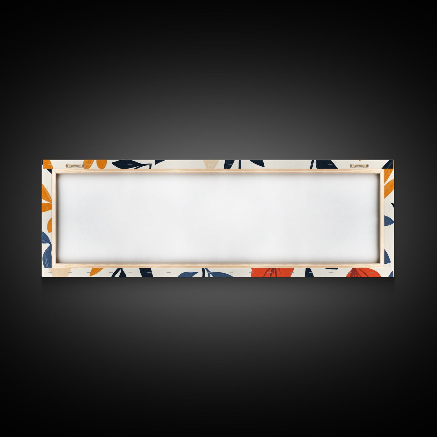 MCM Floral Print, Framed Canvas Art With Wood Frame, Over Sized Extra Wide Art For Above Sofa, Blue flowers on Black Background