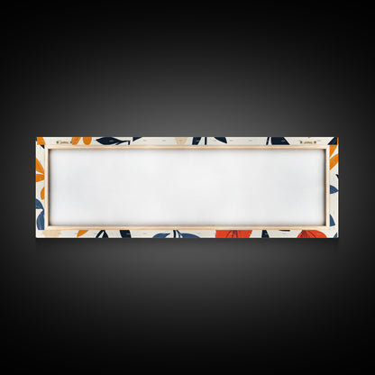 MCM Floral Print, Framed Canvas Art With Wood Frame, Over Sized Extra Wide Art For Above Sofa, Blue flowers on Black Background