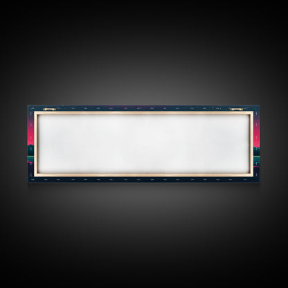 Synthwave Sunset Over The Mountains, Wireframe Art, Framed Canvas Print, Wire Frame Retro 1980s Style Wall Art