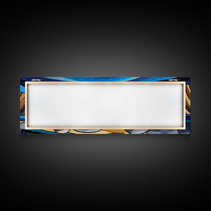 Retro Art Deco Landscape Print, Stained Glass Style Landscape Painting, Wood Framed Wall Art, Horizontal Art, Ultra Wide Panoramic Art