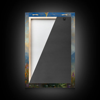 Vintage Style Canvas Print Oil Painting of Wild Flowers On A Mountain Landscape, Framed Canvas, Antique Style Wall Art, Painting of Flowers