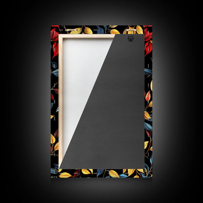 Botanical Fall Leaves Art Print On Canvas with Wood Frame, Black Background, Retro Style Home Decor