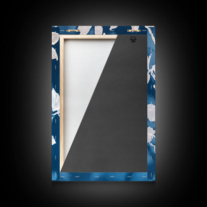 White Flowers on Blue Background Framed Canvas Print, Chinoiserie Wall Art, Boho Decor, Minimalist Wall Art, Boho Home Decor