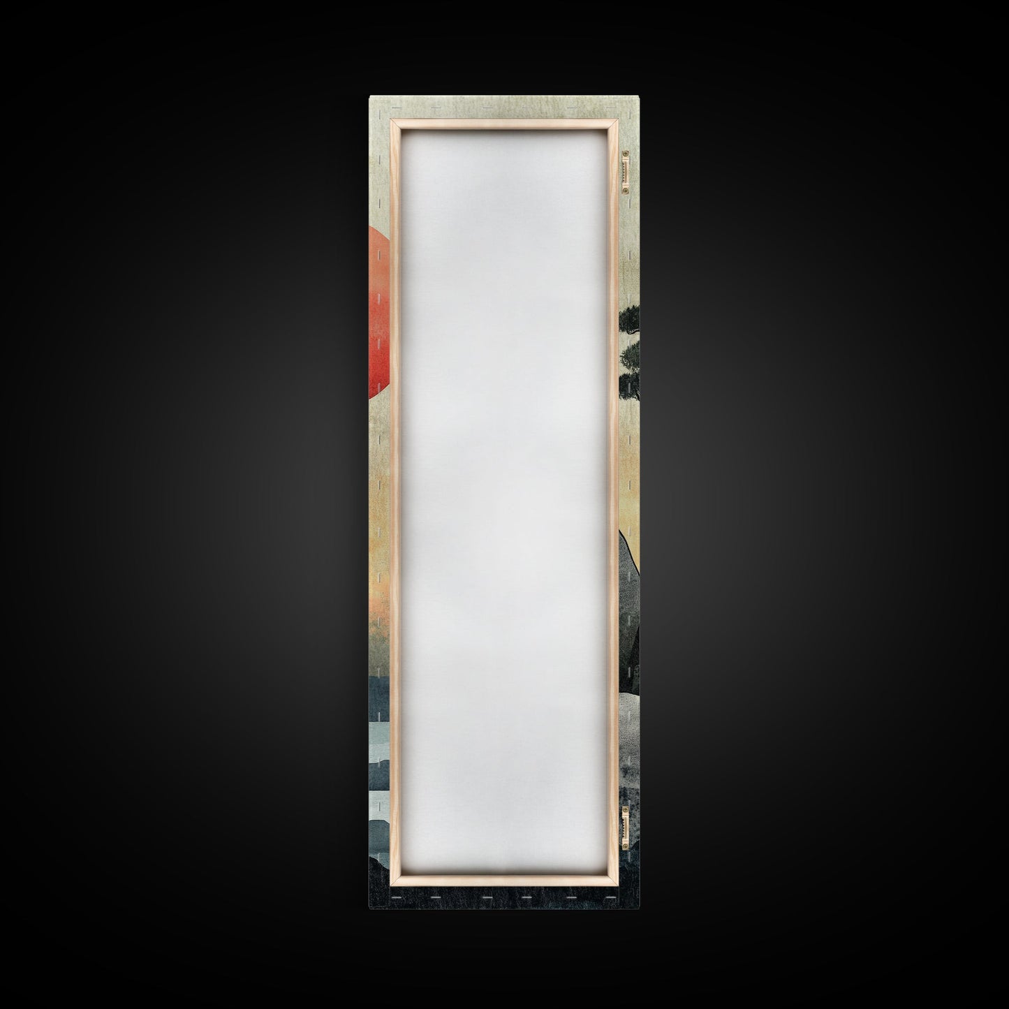 Japanese Landscape with Sunset Canvas Print, Red Sun Over Mountains, Minimalist Nature Art, Coastal Wall Art, Framed Canvas Print, Boho Decor