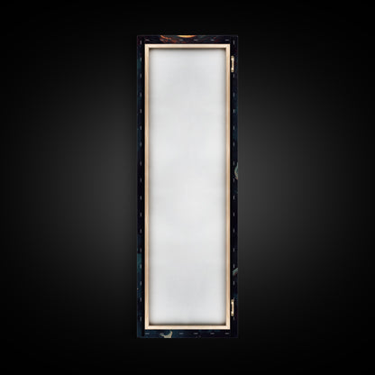 Koi Fish Under a Full Moon, Framed Canvas Print, Wabi Sabi Home Decor, Funky Boho Wall Art, Tall Skinny Art, Narrow Tall Wall Art